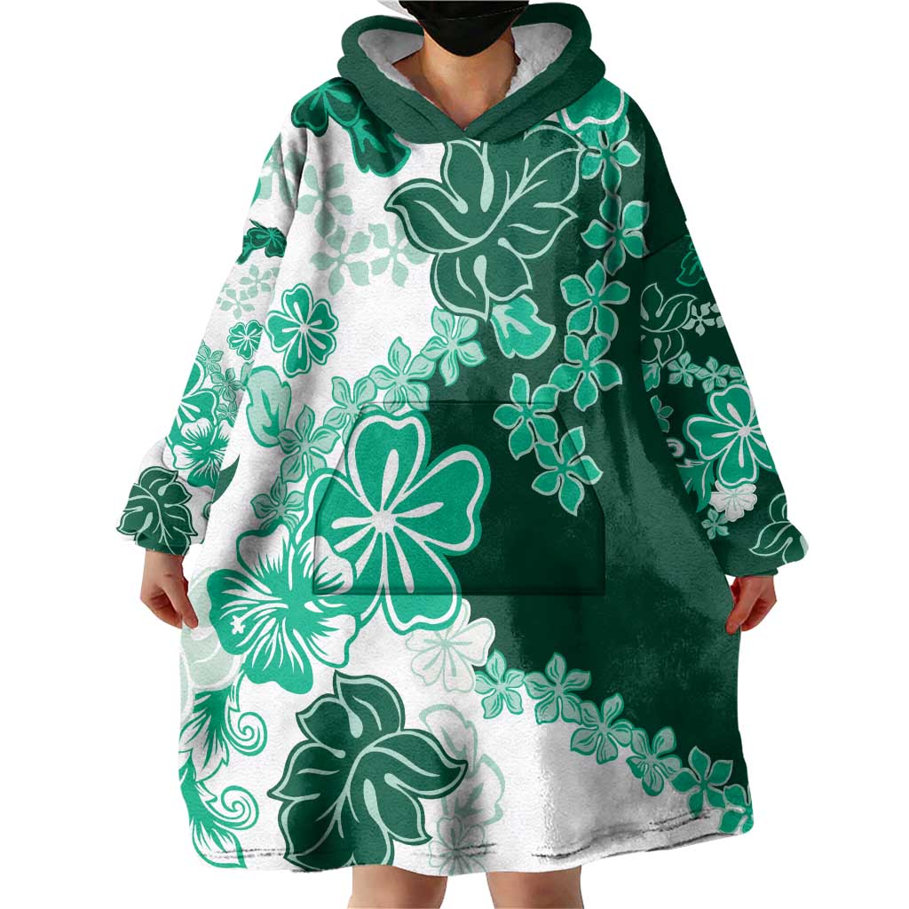 Green Hibiscus Plumeria Floral Wearable Blanket Hoodie - Polynesian Pride