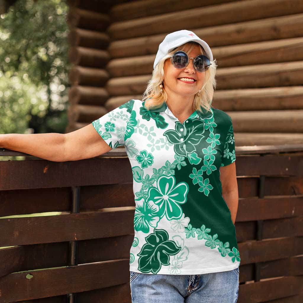 Green Hibiscus Plumeria Floral Women Polo Shirt - Polynesian Pride
