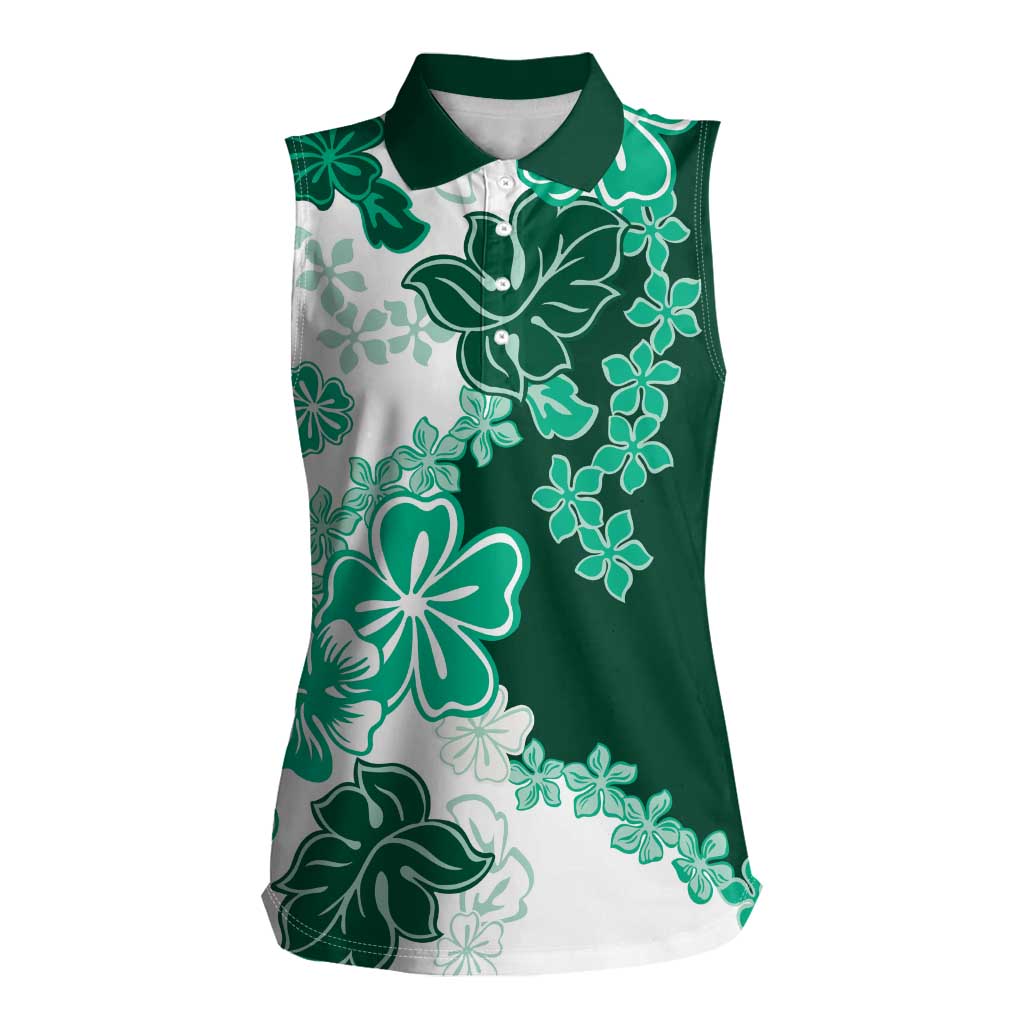 Green Hibiscus Plumeria Floral Women Sleeveless Polo Shirt LT01 Female Green - Polynesian Pride