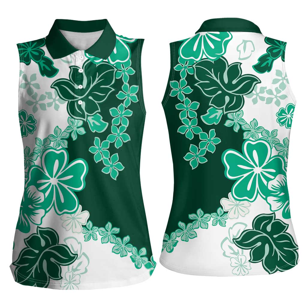 Green Hibiscus Plumeria Floral Women Sleeveless Polo Shirt LT01 - Polynesian Pride