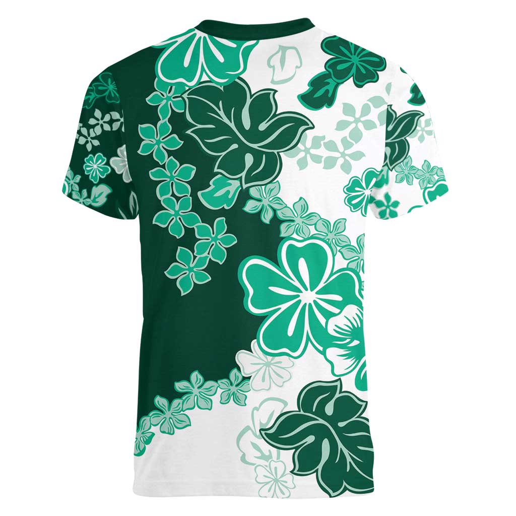 Green Hibiscus Plumeria Floral Women V-Neck T-Shirt LT01 - Polynesian Pride