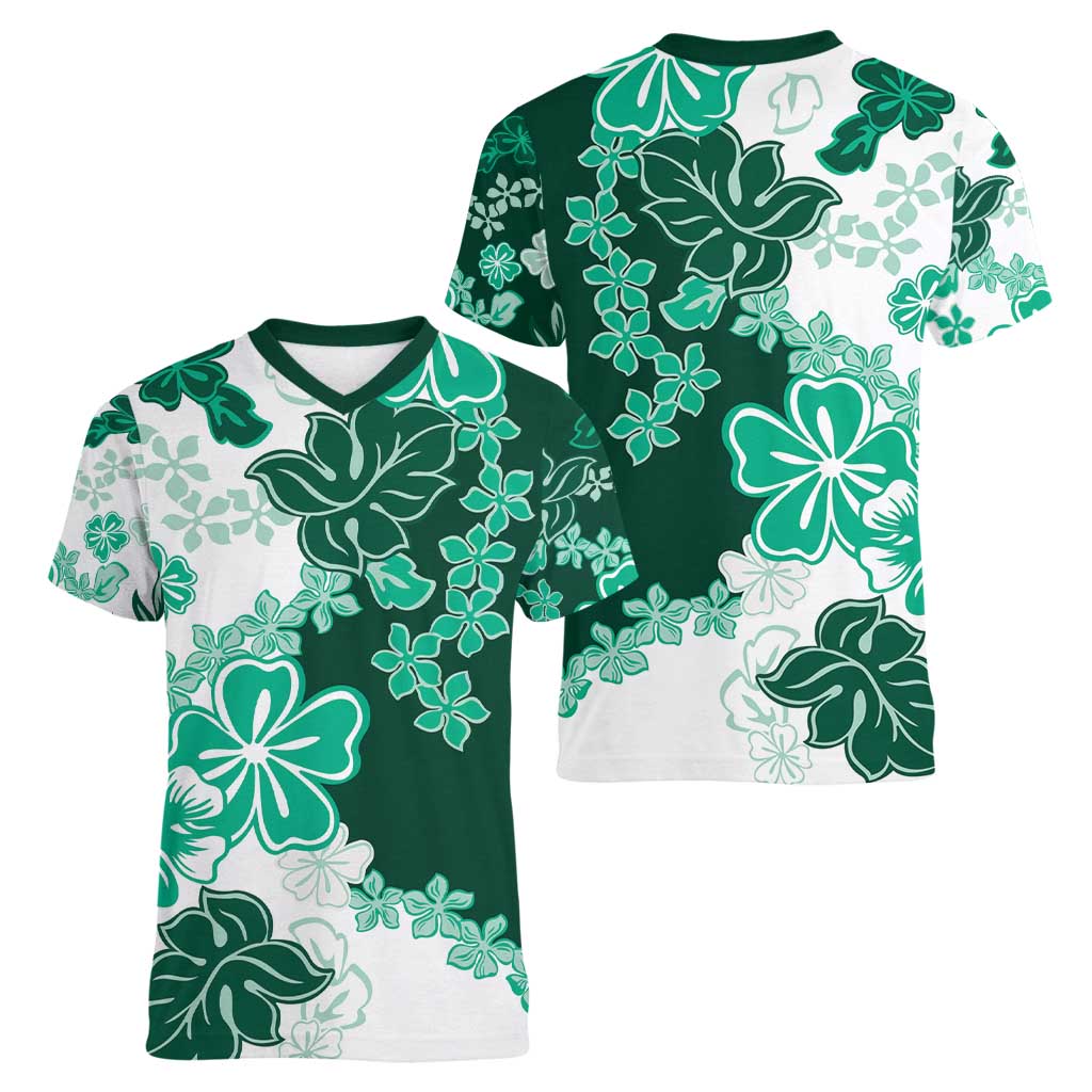 Green Hibiscus Plumeria Floral Women V-Neck T-Shirt LT01 - Polynesian Pride