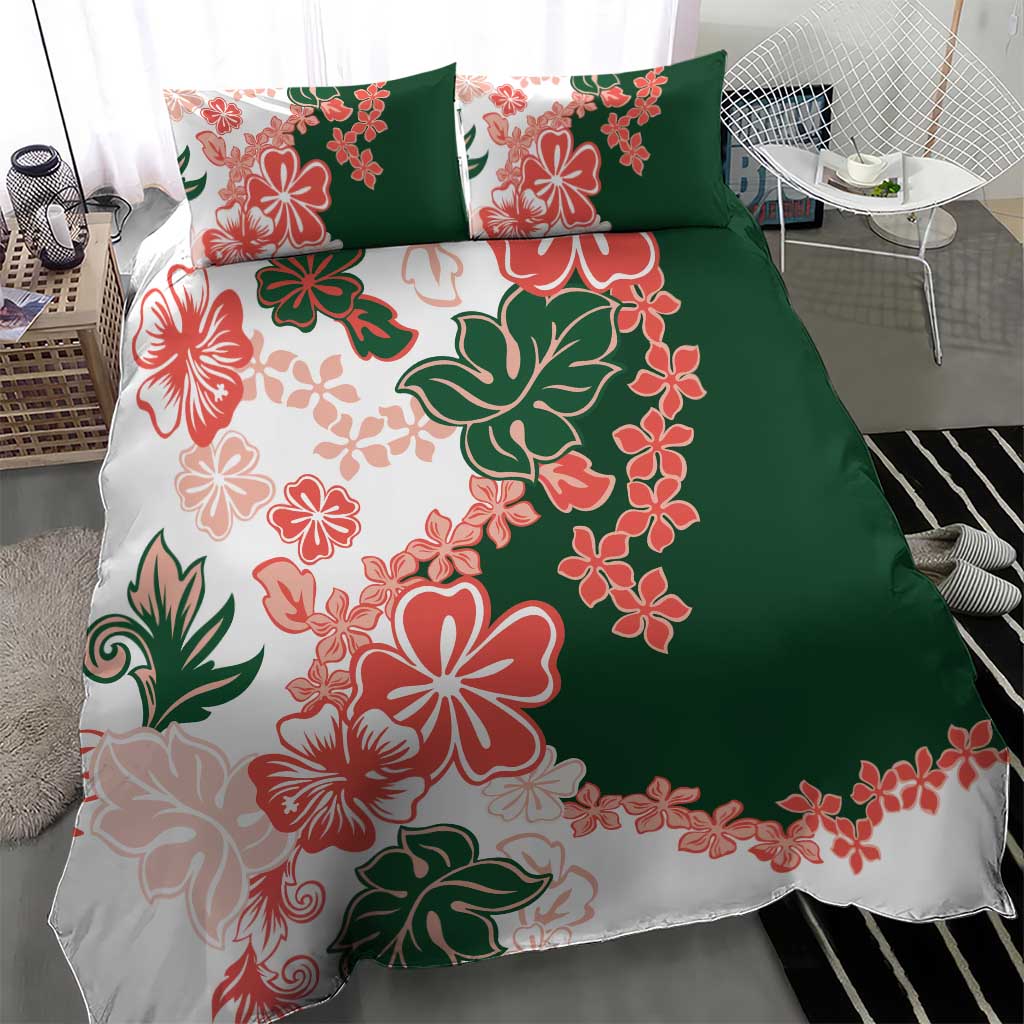Green Orange Hibiscus Plumeria Floral Bedding Set - Polynesian Pride