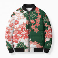 Green Orange Hibiscus Plumeria Floral Bomber Puffer Jacket - Polynesian Pride