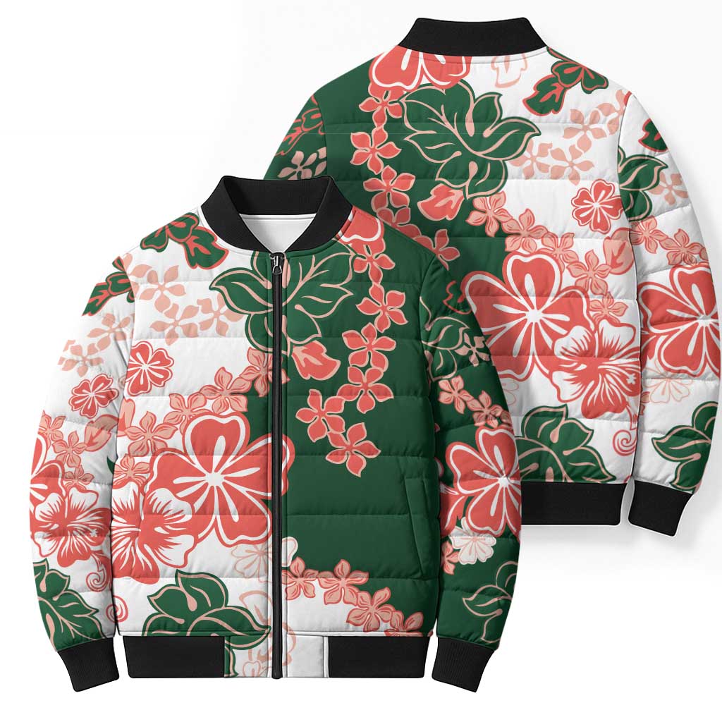 Green Orange Hibiscus Plumeria Floral Bomber Puffer Jacket - Polynesian Pride