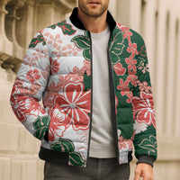 Green Orange Hibiscus Plumeria Floral Bomber Puffer Jacket - Polynesian Pride