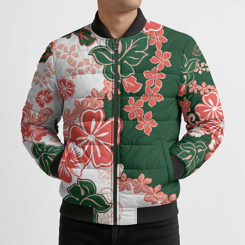 Green Orange Hibiscus Plumeria Floral Bomber Puffer Jacket - Polynesian Pride