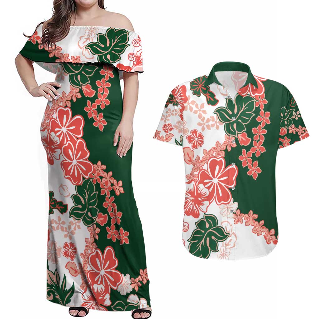 Green Orange Hibiscus Plumeria Floral Couples Matching Off Shoulder Maxi Dress and Hawaiian Shirt LT01 Orange - Polynesian Pride