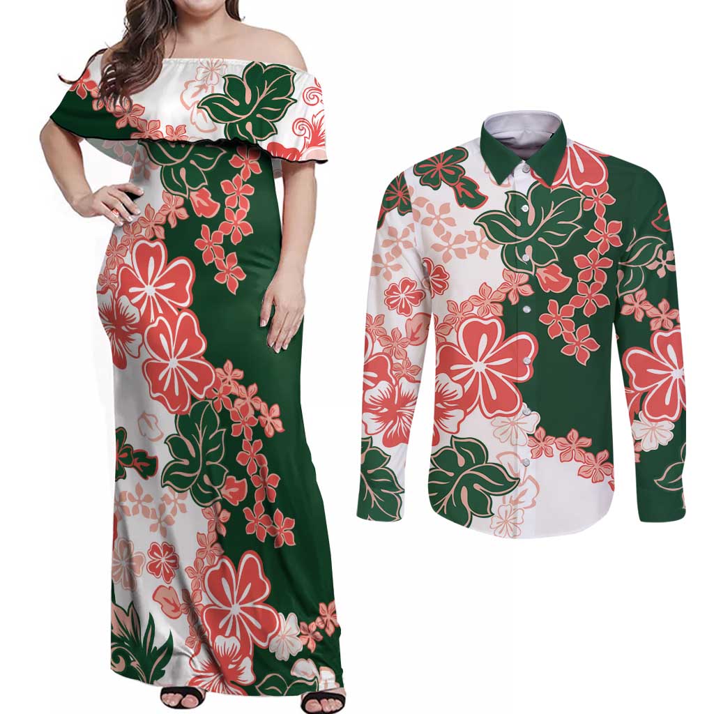 Green Orange Hibiscus Plumeria Floral Couples Matching Off Shoulder Maxi Dress and Long Sleeve Button Shirt LT01 Orange - Polynesian Pride