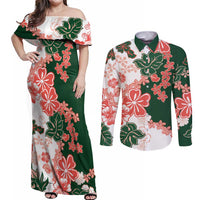 Green Orange Hibiscus Plumeria Floral Couples Matching Off Shoulder Maxi Dress and Long Sleeve Button Shirt LT01 Orange - Polynesian Pride