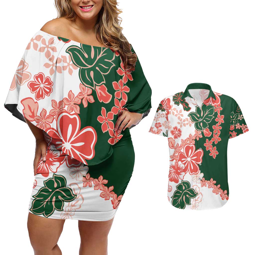 Green Orange Hibiscus Plumeria Floral Couples Matching Off Shoulder Short Dress and Hawaiian Shirt LT01 Orange - Polynesian Pride