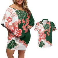 Green Orange Hibiscus Plumeria Floral Couples Matching Off Shoulder Short Dress and Hawaiian Shirt LT01 Orange - Polynesian Pride