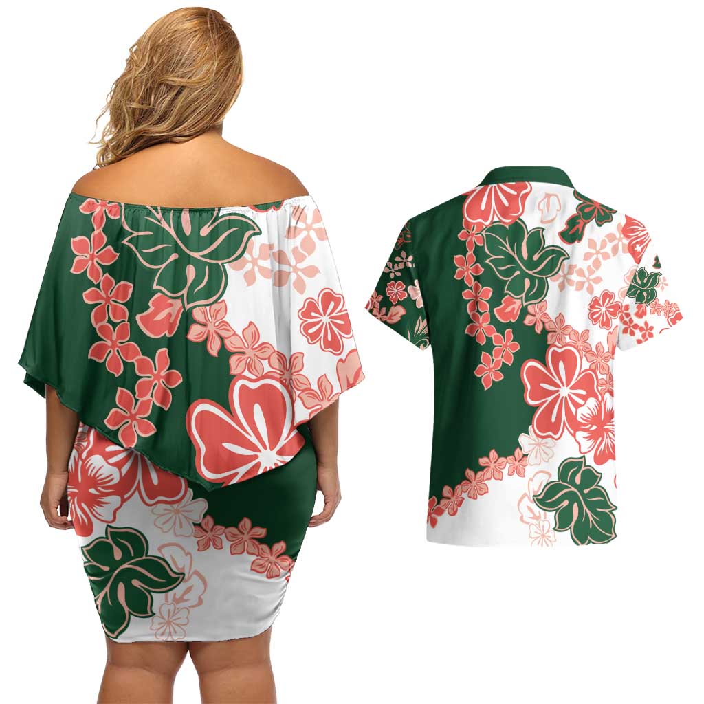 Green Orange Hibiscus Plumeria Floral Couples Matching Off Shoulder Short Dress and Hawaiian Shirt LT01 - Polynesian Pride