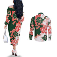 Green Orange Hibiscus Plumeria Floral Couples Matching Off The Shoulder Long Sleeve Dress and Long Sleeve Button Shirt LT01 - Polynesian Pride