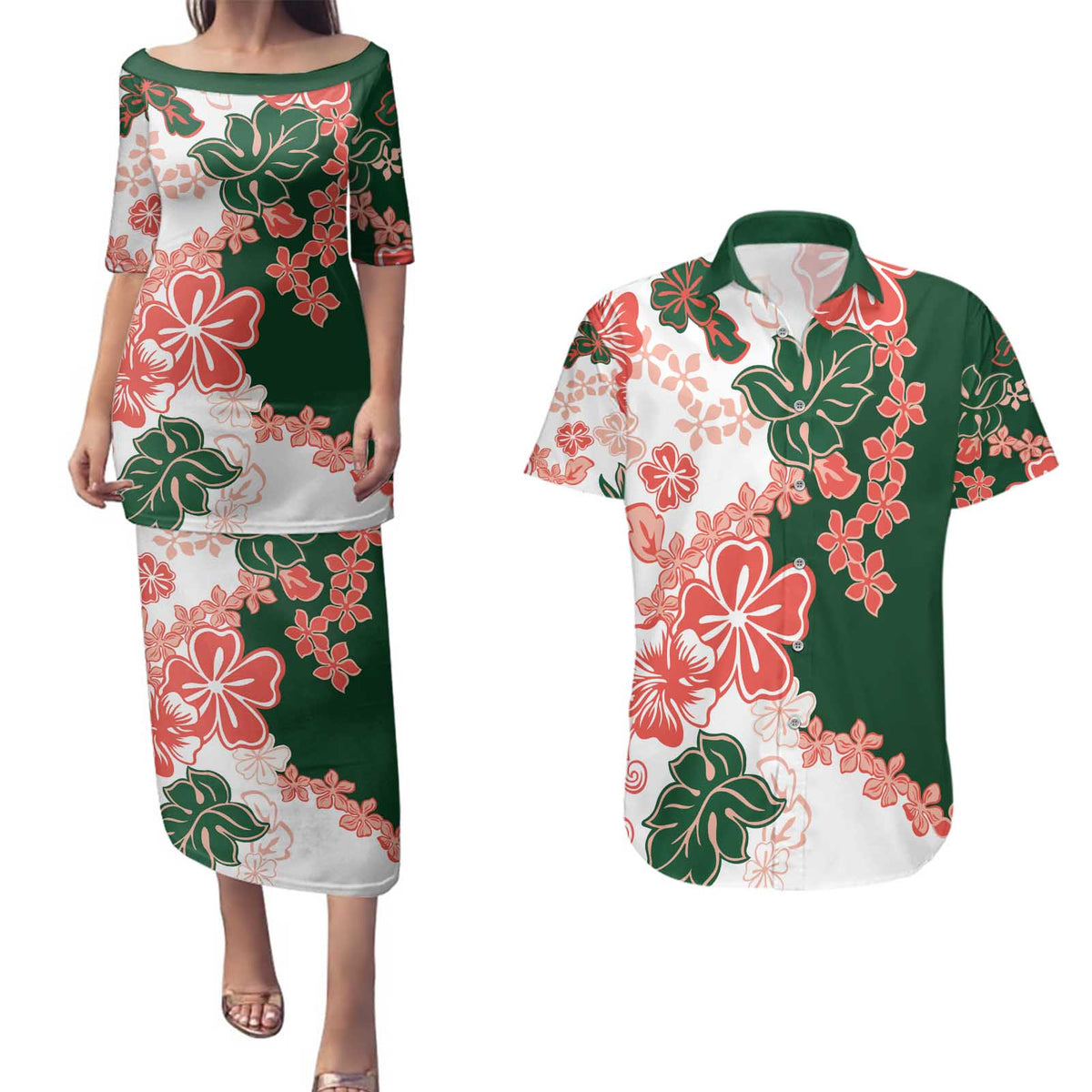 Green Orange Hibiscus Plumeria Floral Couples Matching Puletasi and Hawaiian Shirt LT01 Orange - Polynesian Pride