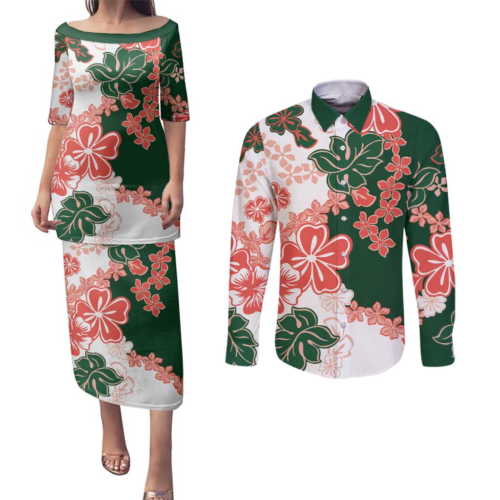 Green Orange Hibiscus Plumeria Floral Couples Matching Puletasi and Long Sleeve Button Shirt LT01 Orange - Polynesian Pride