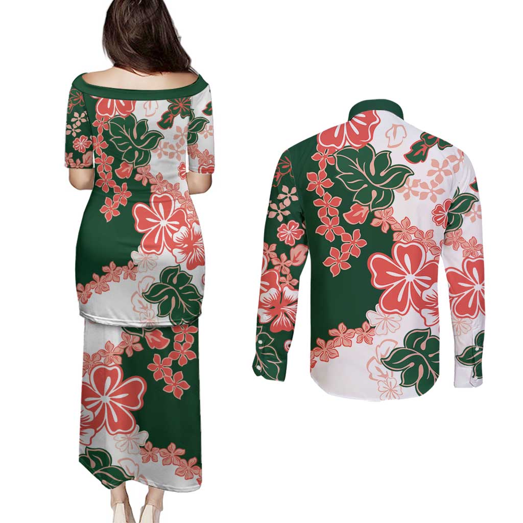 Green Orange Hibiscus Plumeria Floral Couples Matching Puletasi and Long Sleeve Button Shirt LT01 - Polynesian Pride