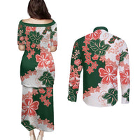 Green Orange Hibiscus Plumeria Floral Couples Matching Puletasi and Long Sleeve Button Shirt LT01 - Polynesian Pride
