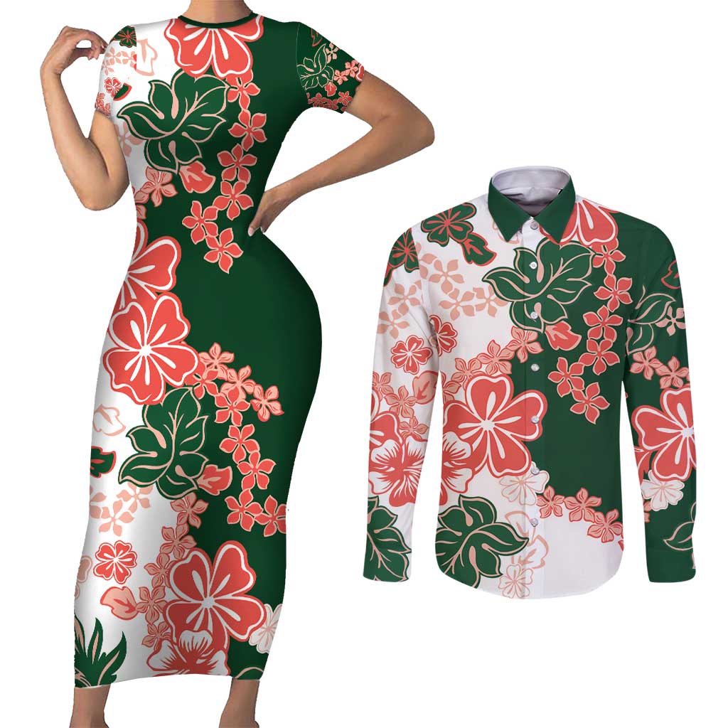 Green Orange Hibiscus Plumeria Floral Couples Matching Short Sleeve Bodycon Dress and Long Sleeve Button Shirt LT01 Orange - Polynesian Pride