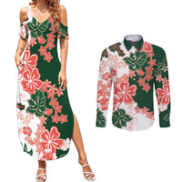 Green Orange Hibiscus Plumeria Floral Couples Matching Summer Maxi Dress and Long Sleeve Button Shirt LT01 Orange - Polynesian Pride