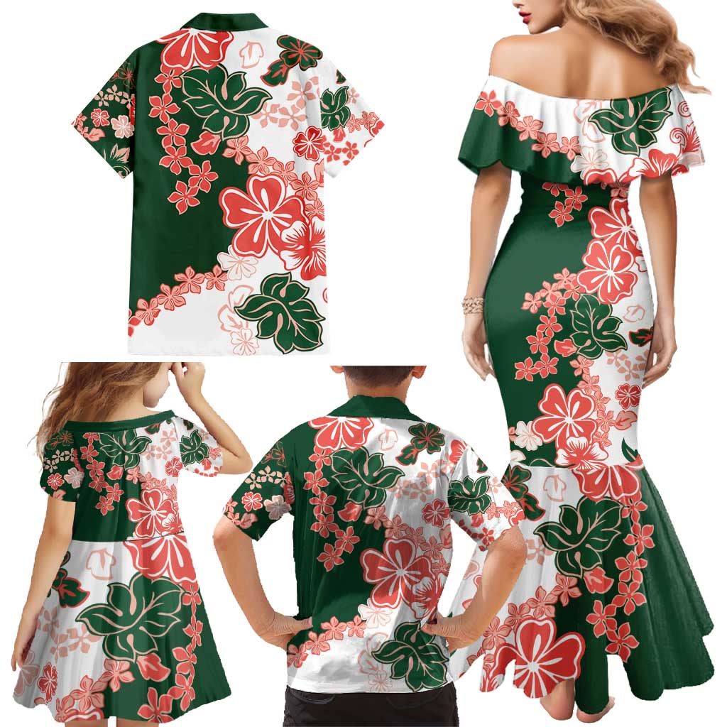 Green Orange Hibiscus Plumeria Floral Family Matching Mermaid Dress and Hawaiian Shirt LT01 - Polynesian Pride