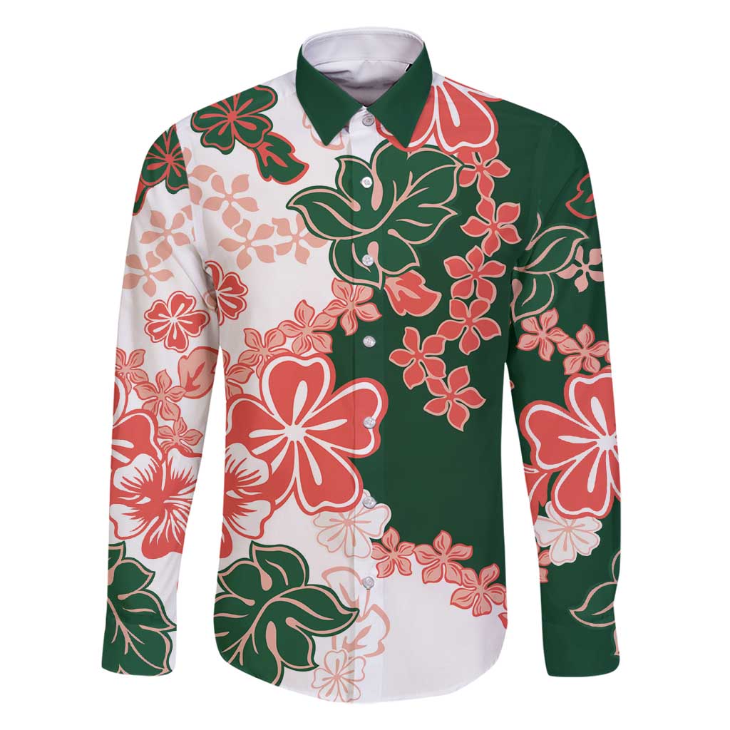 Green Orange Hibiscus Plumeria Floral Family Matching Mermaid Dress and Hawaiian Shirt LT01 Dad's Shirt - Long Sleeve Orange - Polynesian Pride