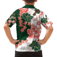 Green Orange Hibiscus Plumeria Floral Family Matching Off The Shoulder Long Sleeve Dress and Hawaiian Shirt - Polynesian Pride