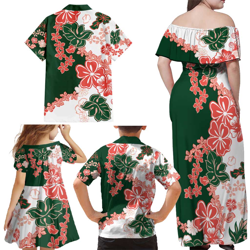 Green Orange Hibiscus Plumeria Floral Family Matching Off Shoulder Maxi Dress and Hawaiian Shirt - Polynesian Pride