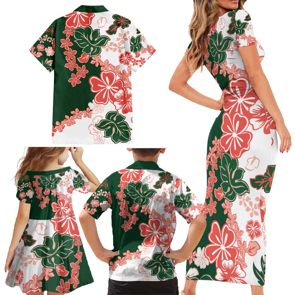 Green Orange Hibiscus Plumeria Floral Family Matching Short Sleeve Bodycon Dress and Hawaiian Shirt LT01 - Polynesian Pride