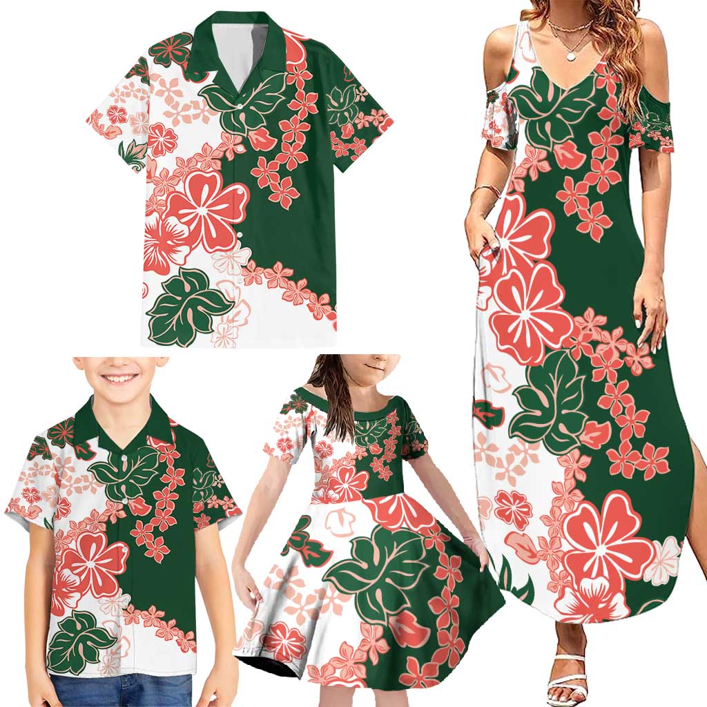 Green Orange Hibiscus Plumeria Floral Family Matching Summer Maxi Dress and Hawaiian Shirt LT01 - Polynesian Pride