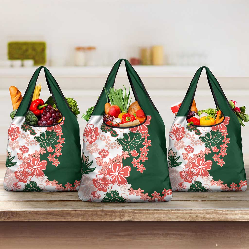 Green Orange Hibiscus Plumeria Floral Grocery Bag LT01 3-pack One Size Orange - Polynesian Pride