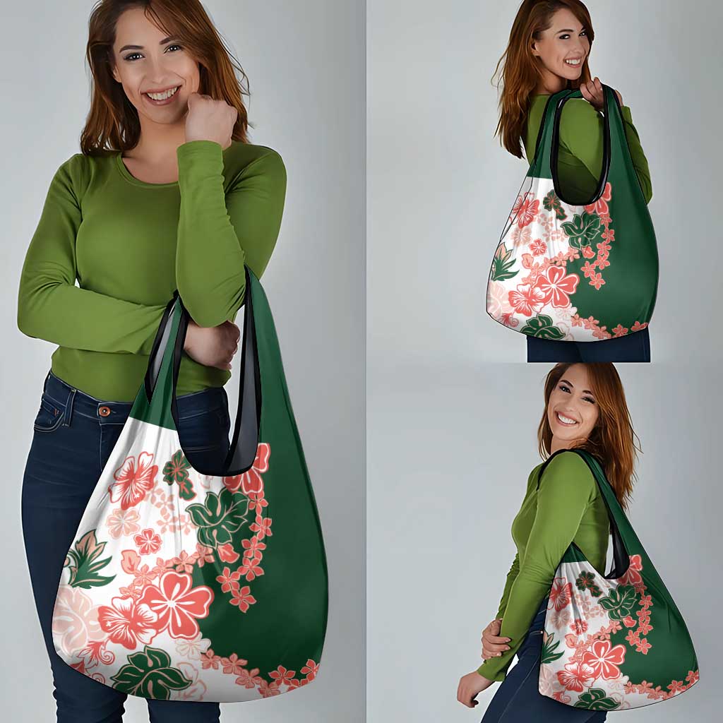 Green Orange Hibiscus Plumeria Floral Grocery Bag LT01 - Polynesian Pride