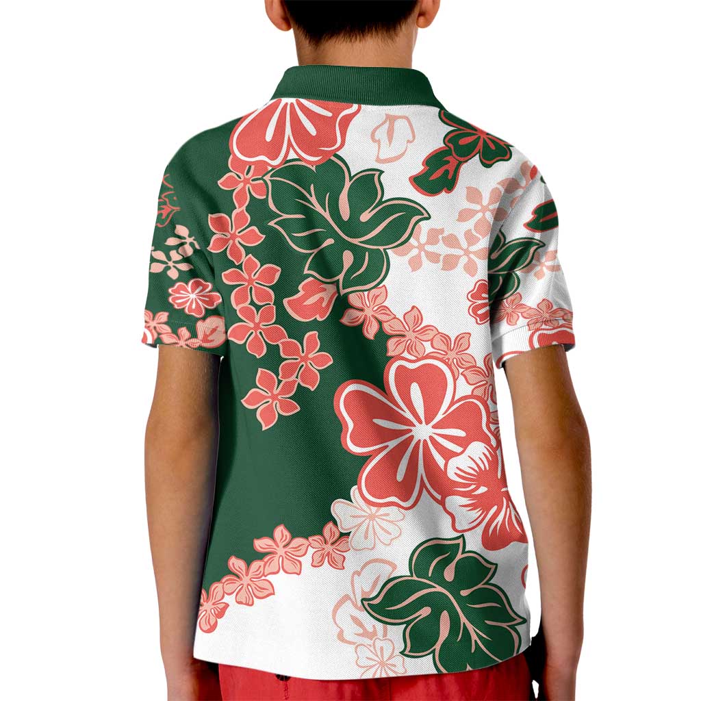 Green Orange Hibiscus Plumeria Floral Kid Polo Shirt - Polynesian Pride