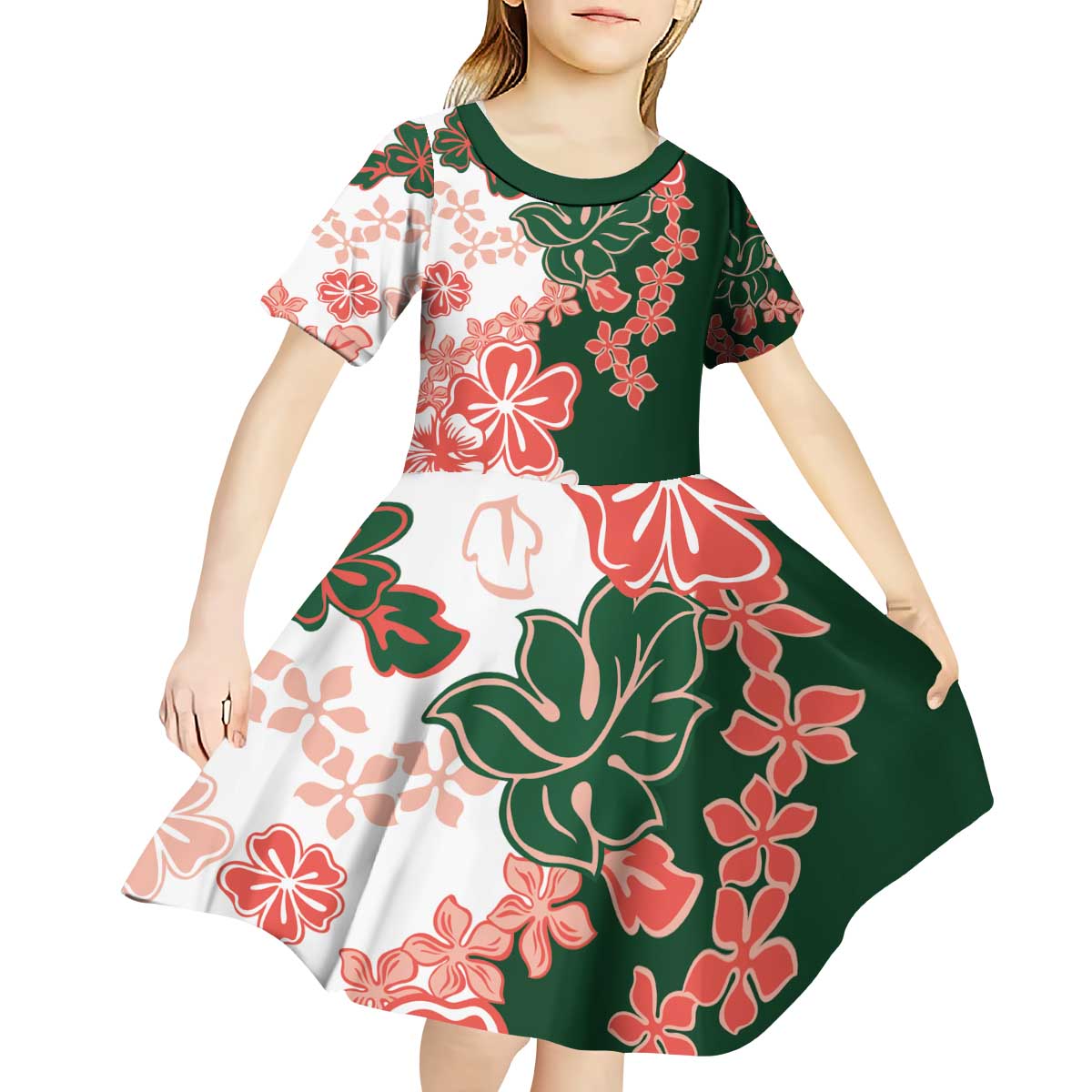 Green Orange Hibiscus Plumeria Floral Kid Short Sleeve Dress - Polynesian Pride