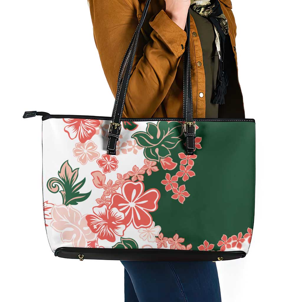 Green Orange Hibiscus Plumeria Floral Leather Tote Bag - Polynesian Pride