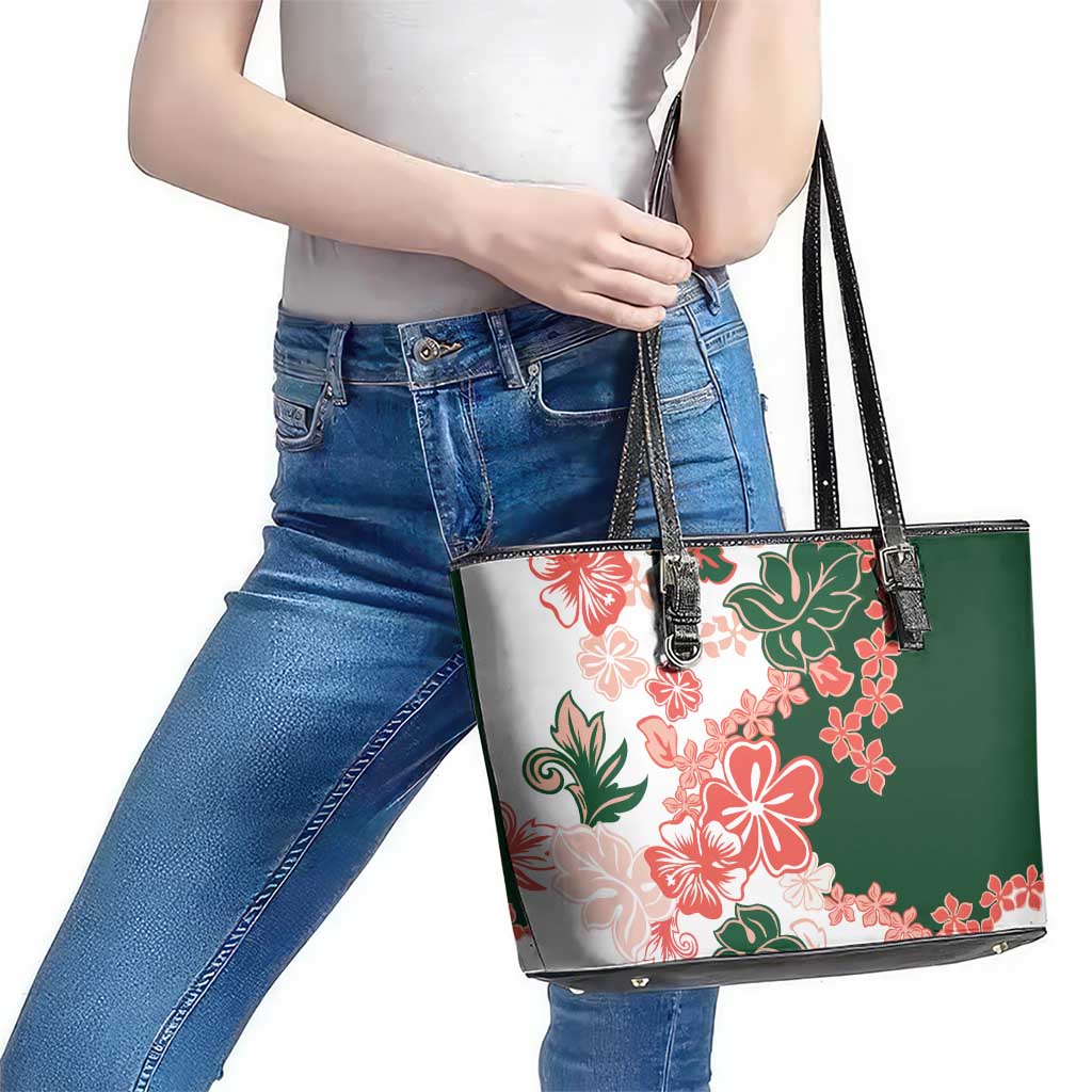 Green Orange Hibiscus Plumeria Floral Leather Tote Bag - Polynesian Pride