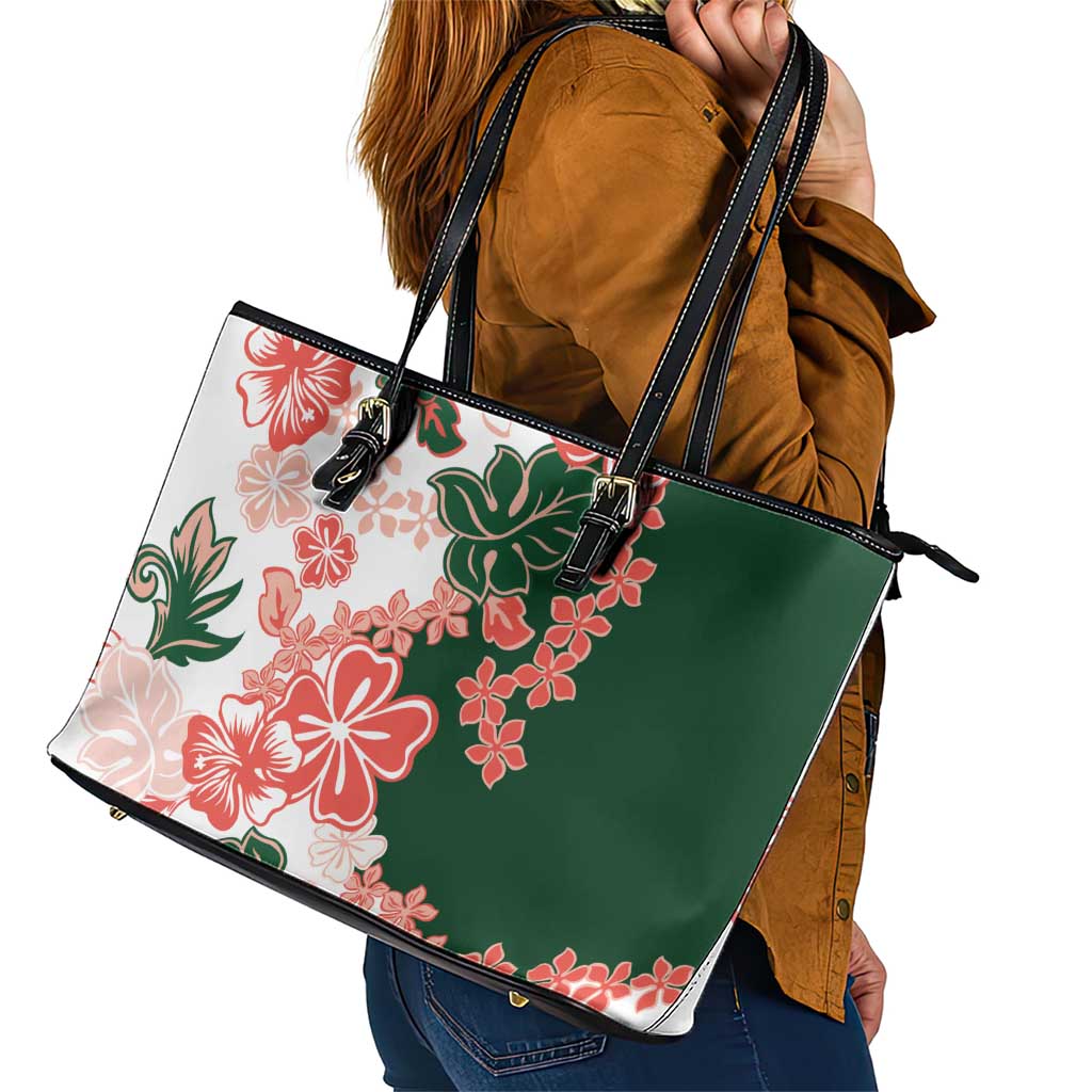 Green Orange Hibiscus Plumeria Floral Leather Tote Bag - Polynesian Pride