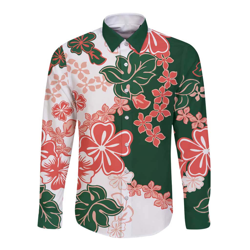 Green Orange Hibiscus Plumeria Floral Long Sleeve Button Shirt - Polynesian Pride