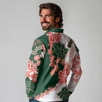 Green Orange Hibiscus Plumeria Floral Long Sleeve Polo Shirt - Polynesian Pride