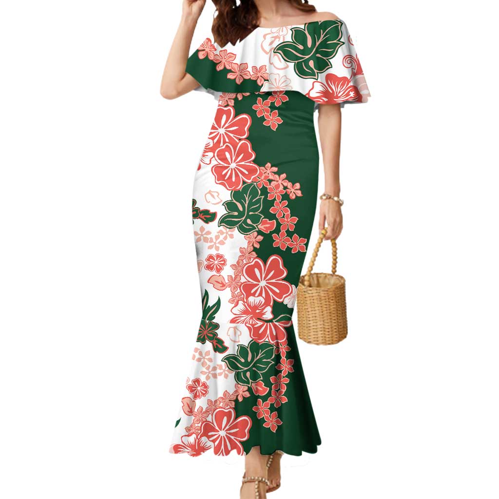 Green Orange Hibiscus Plumeria Floral Mermaid Dress - Polynesian Pride