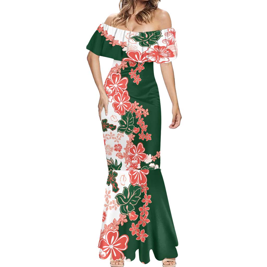 Green Orange Hibiscus Plumeria Floral Mermaid Dress - Polynesian Pride