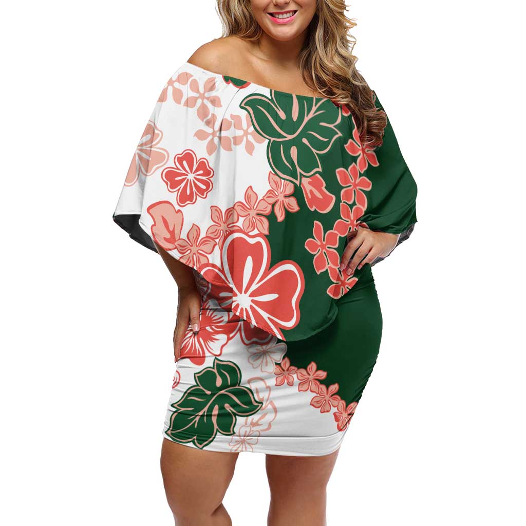 Green Orange Hibiscus Plumeria Floral Off Shoulder Short Dress - Polynesian Pride