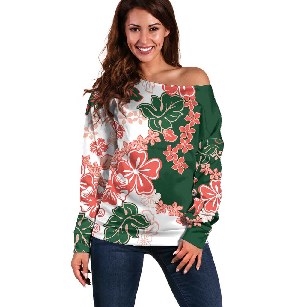 Green Orange Hibiscus Plumeria Floral Off Shoulder Sweater - Polynesian Pride