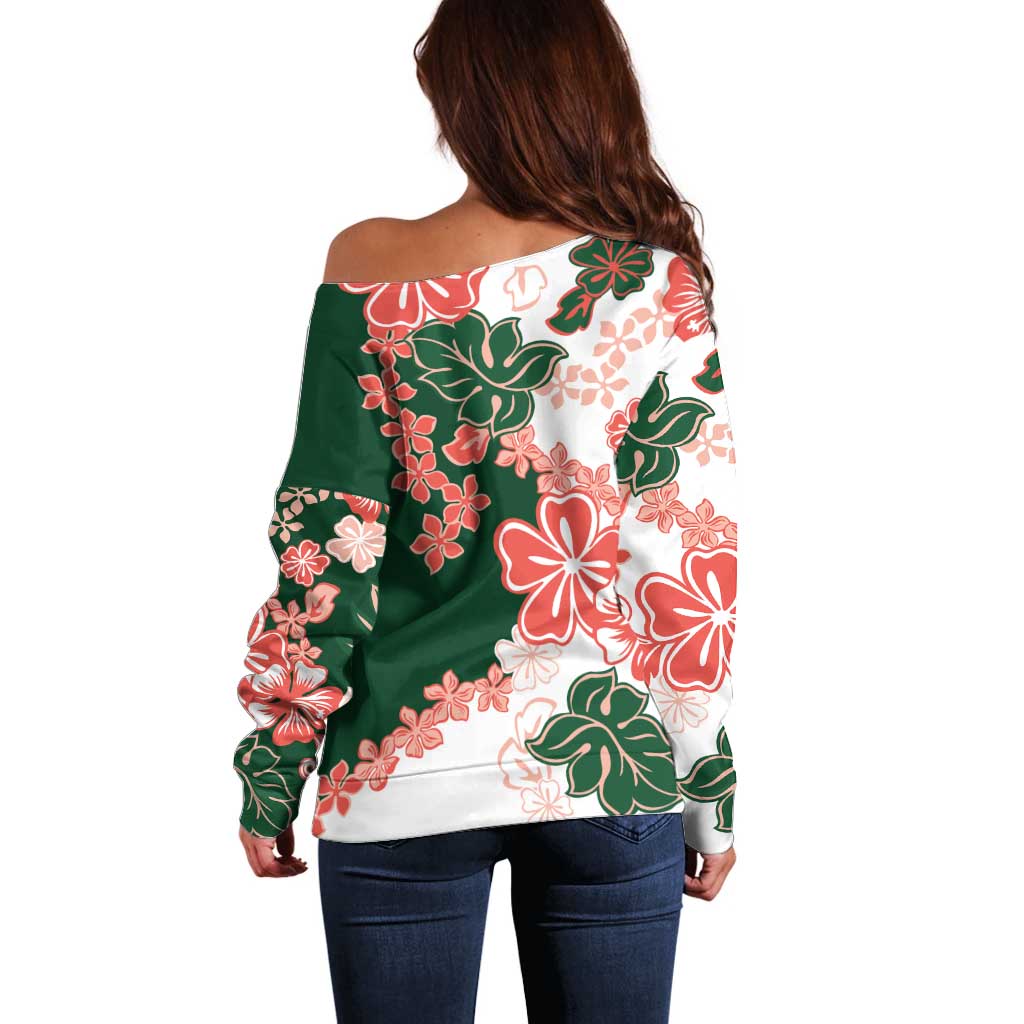Green Orange Hibiscus Plumeria Floral Off Shoulder Sweater - Polynesian Pride