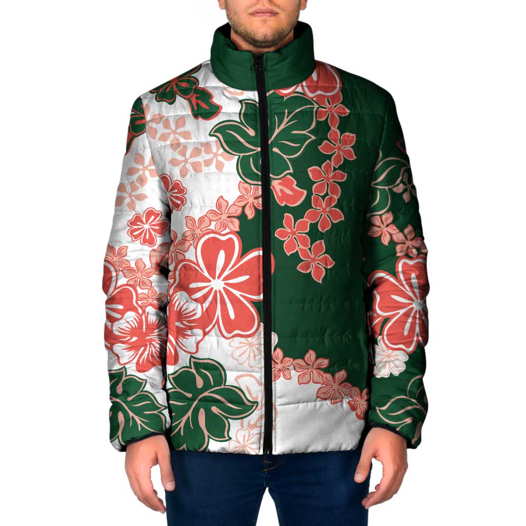 Green Orange Hibiscus Plumeria Floral Padded Jacket - Polynesian Pride