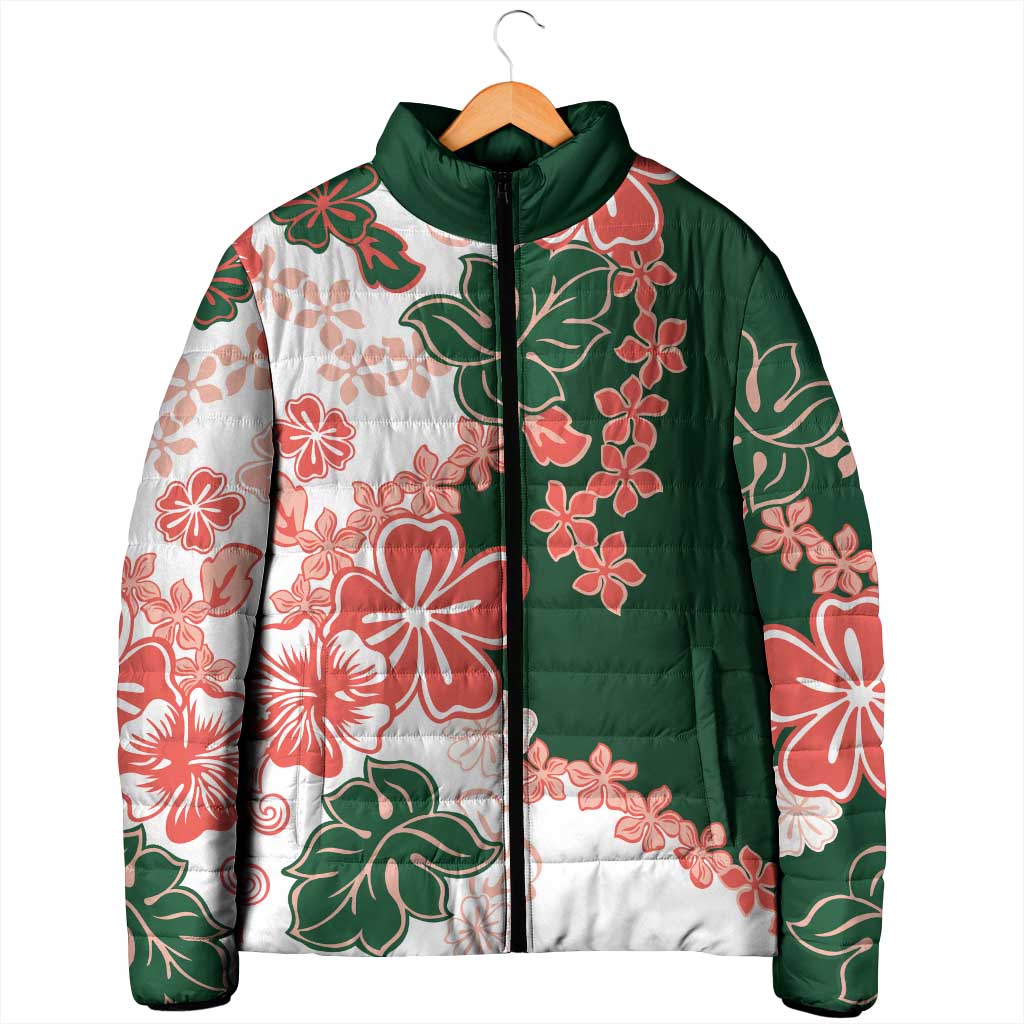 Green Orange Hibiscus Plumeria Floral Padded Jacket - Polynesian Pride