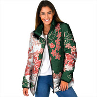 Green Orange Hibiscus Plumeria Floral Padded Jacket - Polynesian Pride