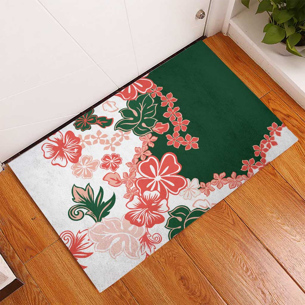 Green Orange Hibiscus Plumeria Floral Rubber Doormat - Polynesian Pride