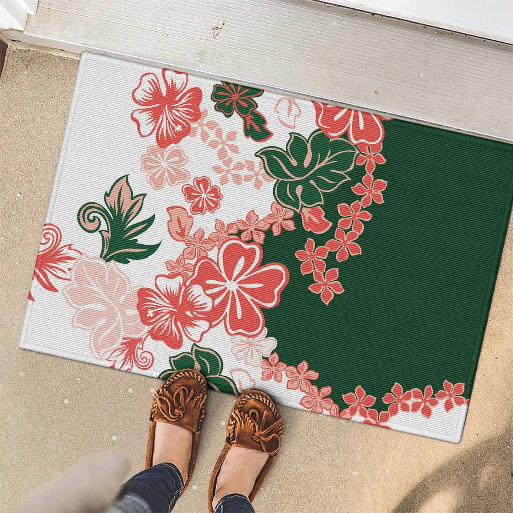 Green Orange Hibiscus Plumeria Floral Rubber Doormat - Polynesian Pride