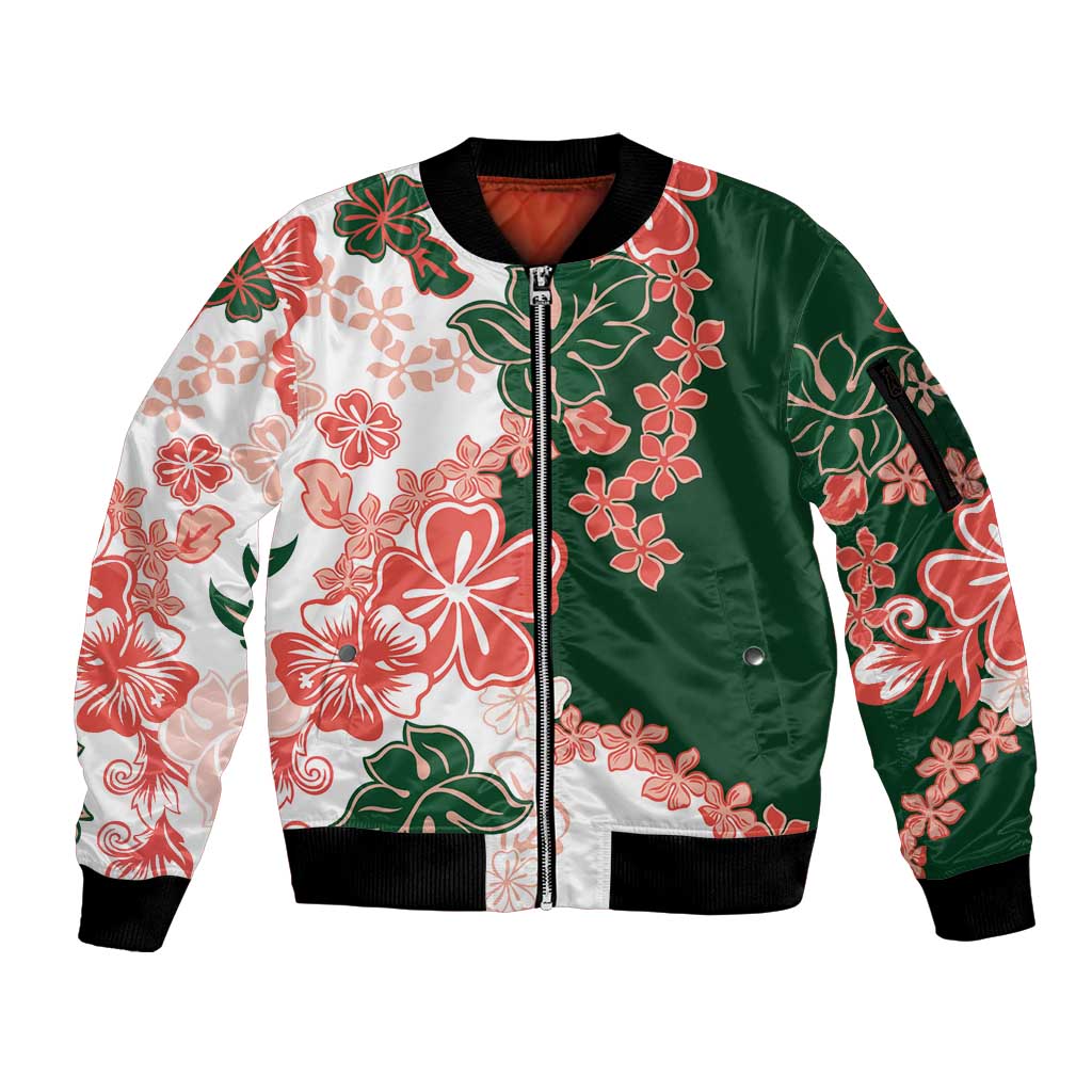 Green Orange Hibiscus Plumeria Floral Sleeve Zip Bomber Jacket LT01 Unisex Orange - Polynesian Pride